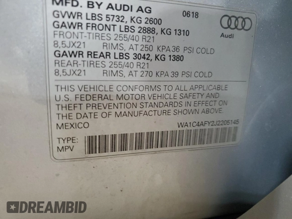 2018 Audi SQ5 Prestige with VIN WA1C4AFY2J2205145, listed as a Copart auction lot 62276795 with 125,150 mi miles and Salvage title. Bid and sale history available at DreamBid. Image 12.