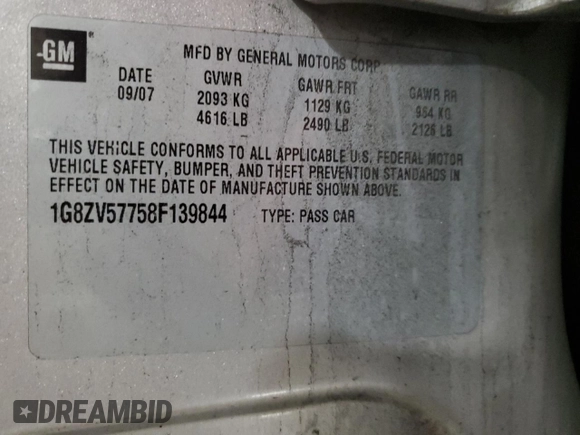 2008 Saturn Aura XR with VIN 1G8ZV57758F139844, listed as a Copart auction lot 89400555 with 120,567 mi miles and Salvage Title. Bid and sale history available at carsss.com. Image 12.