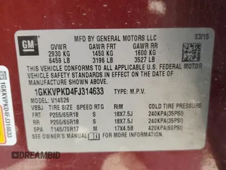 2015 GMC Acadia SLE с VIN 1GKKVPKD4FJ314633, выставлен на аукционе Copart как лот 59374935 с пробегом 102 001 миль миль и Списание • Salvage title. История ставок и продаж доступна на DreamBid. Изображение 13.
