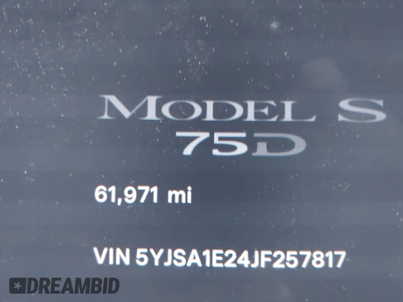 2018 Tesla Model S 75D with VIN 5YJSA1E24JF257817, listed as a IAAI auction lot 41960439 with 61,971 mi miles and . Bid and sale history available at DreamBid. Image 14.