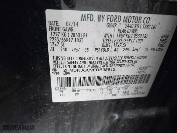 2014 Ford Edge SE with VIN 2FMDK3GC9EBB05912, listed as a IAAI auction lot 41554802 with 137,139 mi miles. Bid and sale history available at carsss.com. Image 9.