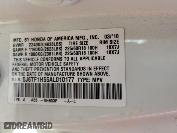 2010 Honda Crosstour EX-L with VIN 5J6TF1H55AL010177, listed as a Copart auction lot 72229914 with 168,209 mi miles and Salvage Title. Bid and sale history available at carsss.com. Image 13.