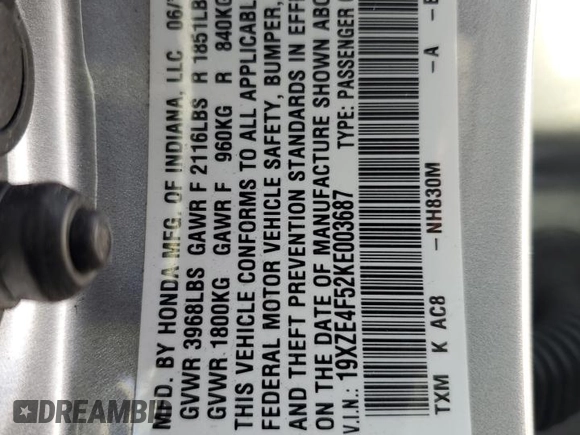 2019 Honda Insight EX with VIN 19XZE4F52KE003687, listed as a Copart auction lot 43454425 with 107,831 mi miles and Salvage Title. Bid and sale history available at carsss.com. Image 12.