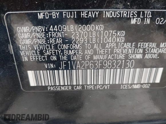 2015 Subaru WRX STI with VIN JF1VA2P63F9832130, listed as a IAAI auction lot 42493621 with 89,000 mi miles and . Bid and sale history available at DreamBid. Image 9.