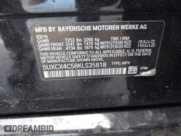 2019 BMW X7 xDrive50i z VIN 5UXCX4C58KLS35818, wystawiony jako IAAI lot #41750098 z przebiegiem 69 661 mil mil oraz . Historia ofert i sprzedaży dostępna na DreamBid. Obrazek 9.