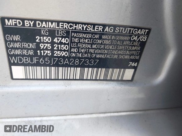 2003 Mercedes-Benz E 320 with VIN WDBUF65J73A287337, listed as a IAAI auction lot 42119803 with 169,238 mi miles and . Bid and sale history available at DreamBid. Image 9.
