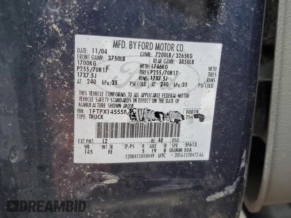 2005 Ford F-150 XLT with VIN 1FTPX14555NA51011, listed as a Copart auction lot 47920275 with 0 mi miles and Non Repairable. Bid and sale history available at carsss.com. Image 13.