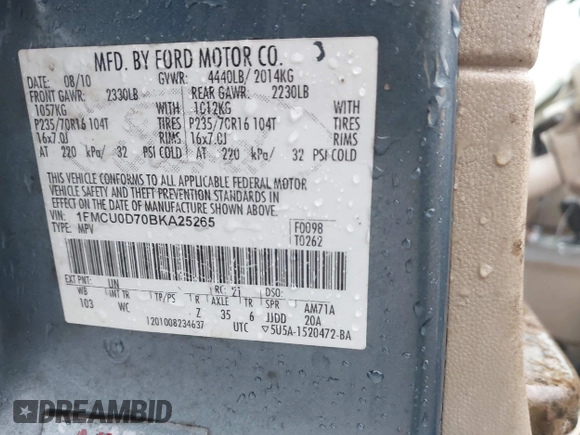 2011 Ford Escape XLT with VIN 1FMCU0D70BKA25265, listed as a IAAI auction lot 41539864 with 1 mi miles. Bid and sale history available at carsss.com. Image 9.