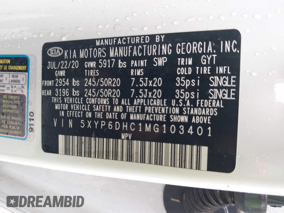 2021 Kia Telluride S with VIN 5XYP6DHC1MG103401, listed as a IAAI auction lot 42174602 with 125,118 mi miles and . Bid and sale history available at DreamBid. Image 9.