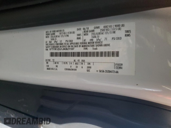 2018 Ford Transit с VIN 1FTYR1ZG1JKB21107, выставлен на аукционе Copart как лот 44727345 с пробегом 159 010 миль миль и Списание • Salvage title. История ставок и продаж доступна на DreamBid. Изображение 15.