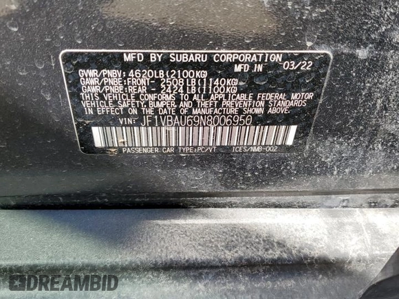 2022 Subaru WRX GT with VIN JF1VBAU69N8006950, listed as a Copart auction lot 53380815 with 13,544 mi miles and Salvage title. Bid and sale history available at DreamBid. Image 12.