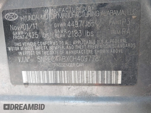 2012 Hyundai Sonata Limited with VIN 5NPEC4ABXCH409778, listed as a IAAI auction lot 41456209 with 176,340 mi miles and . Bid and sale history available at DreamBid. Image 9.