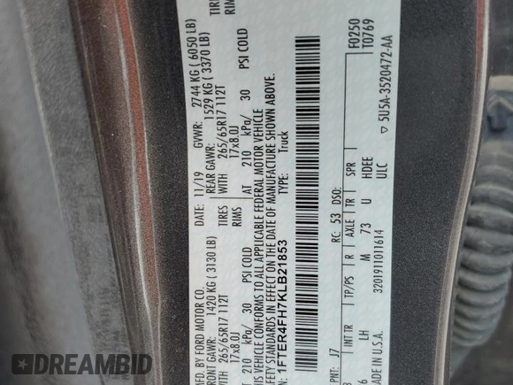 2019 Ford Ranger XL with VIN 1FTER4FH7KLB21853, listed as a Copart auction lot 54586515 with 97,758 mi miles and Salvage title. Bid and sale history available at DreamBid. Image 12.