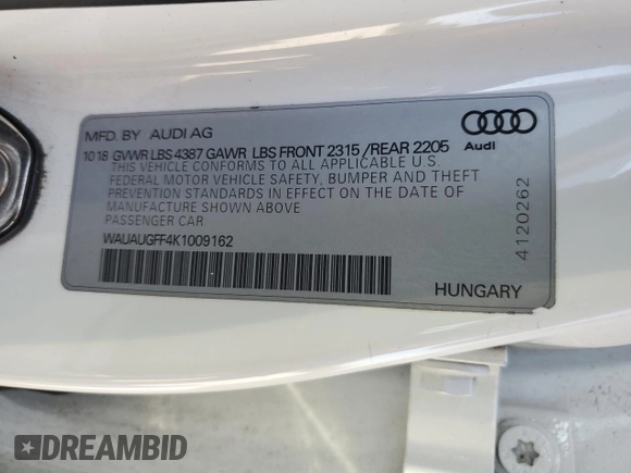 2019 Audi A3 Sedan Premium with VIN WAUAUGFF4K1009162, listed as a Copart auction lot 62118893 with 104,371 mi miles. Bid and sale history available at carsss.com. Image 12.