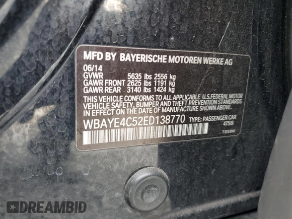 2014 BMW 7 Series 740Li with VIN WBAYE4C52ED138770, listed as a Copart auction lot 53647665 with 106,827 mi miles and Salvage title. Bid and sale history available at DreamBid. Image 12.