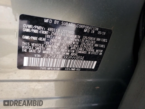 2019 Subaru Forester Touring with VIN JF2SKAWCXKH559894, listed as a Copart auction lot 62203825 with Not provided miles and Salvage title. Bid and sale history available at DreamBid. Image 12.