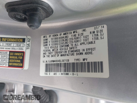 2014 Honda CR-V EX with VIN 5J6RM4H54EL097108, listed as a IAAI auction lot 41512635 with 165,432 mi miles. Bid and sale history available at carsss.com. Image 9.