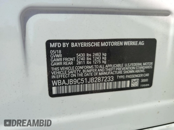 2018 BMW 5 Series M550i xDrive with VIN WBAJB9C51JB287233, listed as a Copart auction lot 55899505 with Not provided miles and Salvage title. Bid and sale history available at DreamBid. Image 12.