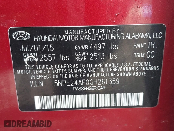 2016 Hyundai Sonata SE with VIN 5NPE24AF0GH261359, listed as a IAAI auction lot 42005720 with 100,889 mi miles and . Bid and sale history available at carsss.com. Image 9.