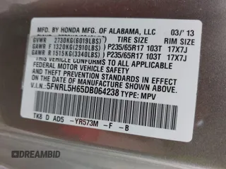 2013 Honda Odyssey EX-L with VIN 5FNRL5H65DB064238, listed as a IAAI auction lot 42050743 with 189,437 mi miles and . Bid and sale history available at carsss.com. Image 9.
