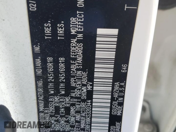 2019 Toyota Highlander LE z VIN 5TDZZRFHXKS320344, wystawiony jako Copart lot #64585195 z przebiegiem 228 994 mil mil oraz Szkoda całkowita • Salvage title. Historia ofert i sprzedaży dostępna na DreamBid. Obrazek 13.