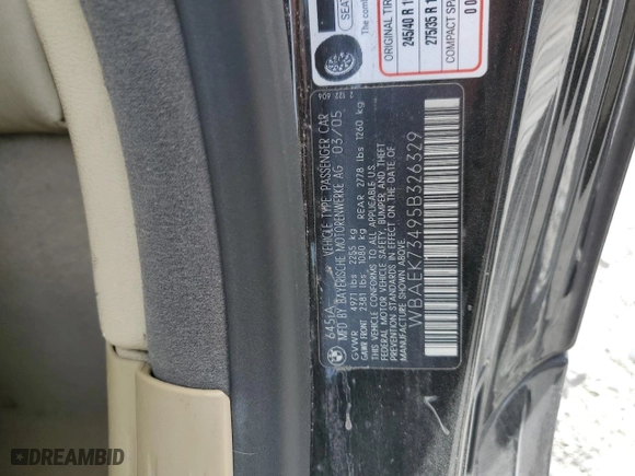 2005 BMW 6 Series 645Ci with VIN WBAEK73495B326329, listed as a Copart auction lot 49733315 with 0 mi miles and Salvage Title. Bid and sale history available at carsss.com. Image 14.