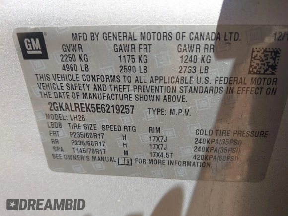 2014 GMC Terrain SLE with VIN 2GKALREK5E6219257, listed as a IAAI auction lot 42236251 with 141,344 mi miles and . Bid and sale history available at DreamBid. Image 9.