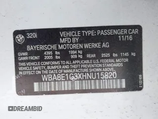 2017 BMW 3 Series 320i with VIN WBA8E1G3XHNU15820, listed as a IAAI auction lot 41972367 with 74,181 mi miles and . Bid and sale history available at carsss.com. Image 9.