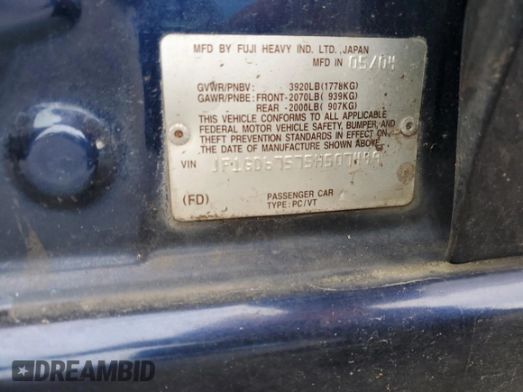 2005 Subaru Impreza Sedan (Natl) RS with VIN JF1GD67575H507449, listed as a Copart auction lot 49654845 with 138,164 mi miles and Salvage Title. Bid and sale history available at carsss.com. Image 13.