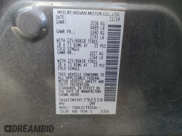 2015 Nissan Rogue SL with VIN 5N1AT2MTXFC792558, listed as a Copart auction lot 78838574 with 135,137 mi miles and Salvage Title. Bid and sale history available at carsss.com. Image 14.