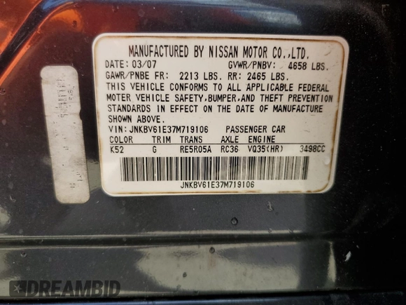 2007 Infiniti G35 Journey with VIN JNKBV61E37M719106, listed as a Copart auction lot 52534495 with 127,479 mi miles and Salvage Title. Bid and sale history available at DreamBid. Image 12.
