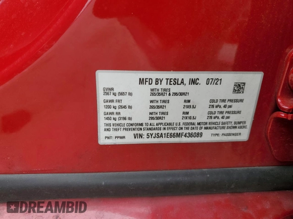 2021 Tesla Model S Plaid с VIN 5YJSA1E66MF436089, выставлен на аукционе Copart как лот 46114235 с пробегом Не указан миль и Списание • Salvage title. История ставок и продаж доступна на DreamBid. Изображение 14.