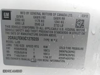 2012 Chevrolet Equinox LTZ with VIN 2GNALFEK9C1278209, listed as a IAAI auction lot 41876376 with 167,361 mi miles. Bid and sale history available at carsss.com. Image 9.