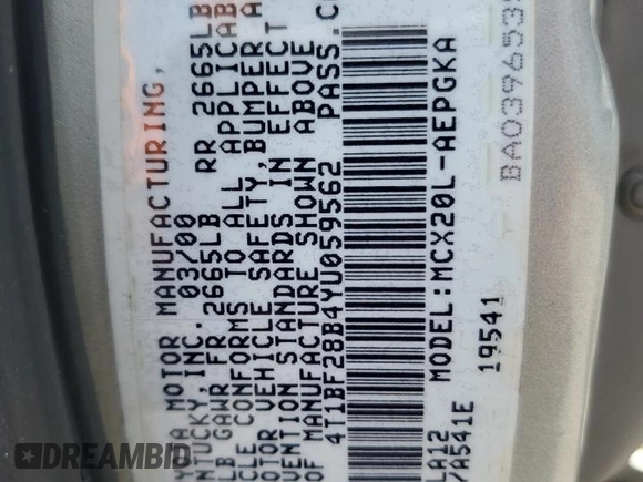 2000 Toyota Avalon XL with VIN 4T1BF28B4YU059562, listed as a Copart auction lot 58356285 with Not provided miles and Salvage title. Bid and sale history available at DreamBid. Image 13.
