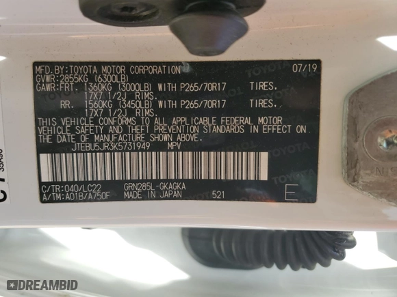 2019 Toyota 4Runner SR5 with VIN JTEBU5JR3K5731949, listed as a Copart auction lot 50256505 with 99,390 mi miles and Salvage Title. Bid and sale history available at carsss.com. Image 14.