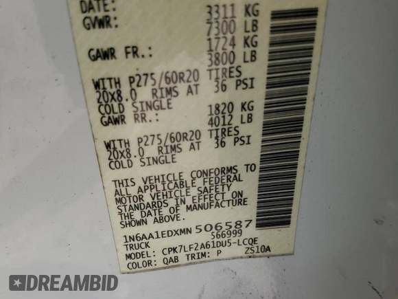2021 Nissan Titan SV with VIN 1N6AA1EDXMN506587, listed as a Copart auction lot 85530864 with 94,339 mi miles and Salvage title. Bid and sale history available at DreamBid. Image 12.