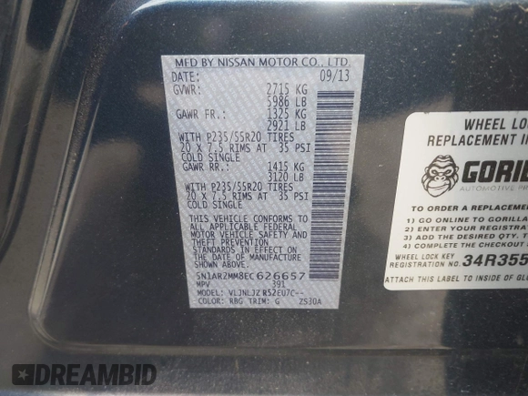 2014 Nissan Pathfinder S with VIN 5N1AR2MM8EC626657, listed as a IAAI auction lot 42655040 with 151,352 mi miles and . Bid and sale history available at DreamBid. Image 9.