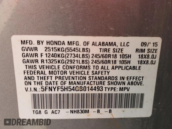 2016 Honda Pilot EX-L z VIN 5FNYF5H54GB014493, wystawiony jako Copart lot #52558665 z przebiegiem 206 180 mil mil oraz Szkoda całkowita • Salvage title. Historia ofert i sprzedaży dostępna na DreamBid. Obrazek 16.