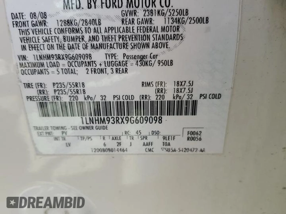 2009 Lincoln MKS with VIN 1LNHM93RX9G609098, listed as a Copart auction lot 53838525 with 148,616 mi miles and Salvage title. Bid and sale history available at DreamBid. Image 13.