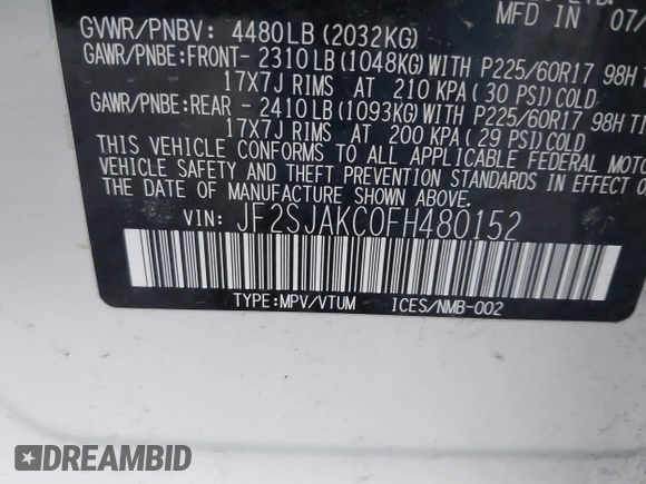 2015 Subaru Forester 2.5i Limited with VIN JF2SJAKC0FH480152, listed as a IAAI auction lot 41915783 with 174,155 mi miles. Bid and sale history available at carsss.com. Image 9.