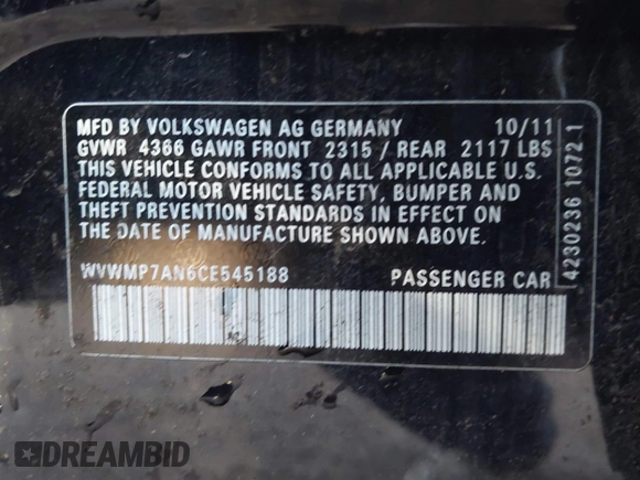 2012 Volkswagen CC Sport with VIN WVWMP7AN6CE545188, listed as a IAAI auction lot 42022015 with 122,184 mi miles and . Bid and sale history available at DreamBid. Image 9.