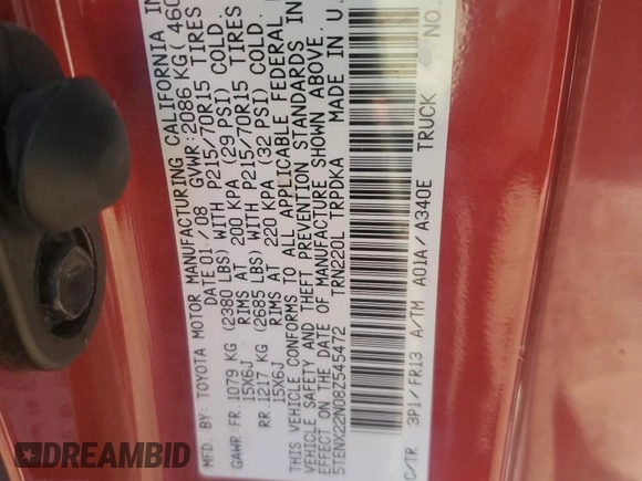 2008 Toyota Tacoma z VIN 5TENX22N08Z545472, wystawiony jako Copart lot #74914614 z przebiegiem 186 271 mil mil oraz Szkoda całkowita • Salvage title. Historia ofert i sprzedaży dostępna na DreamBid. Obrazek 12.