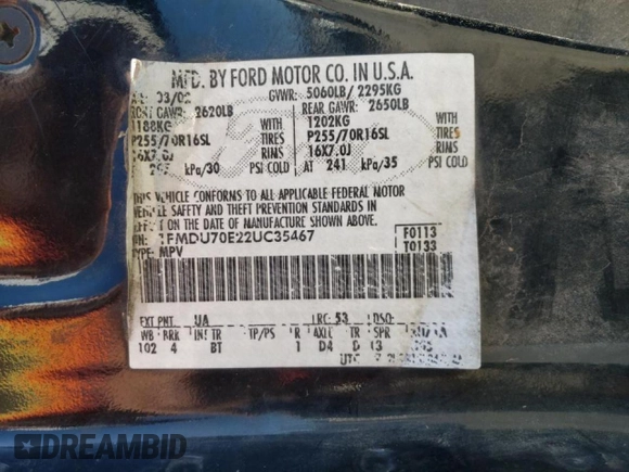 2002 Ford Explorer with VIN 1FMDU70E22UC35467, listed as a Copart auction lot 47790834 with 182,220 mi miles and Salvage title. Bid and sale history available at DreamBid. Image 10.
