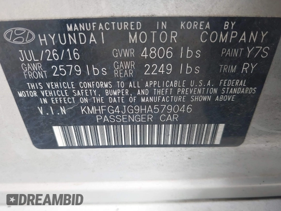 2017 Hyundai Azera with VIN KMHFG4JG9HA579046, listed as a IAAI auction lot 40135653 with Not Provided miles and . Bid and sale history available at carsss.com. Image 9.