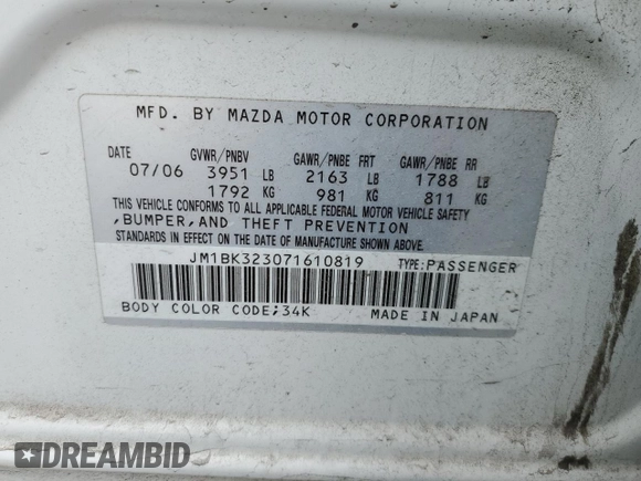 2007 Mazda 3 s Sport with VIN JM1BK323071610819, listed as a Copart auction lot 47551385 with 140,363 mi miles and Salvage Title. Bid and sale history available at carsss.com. Image 14.