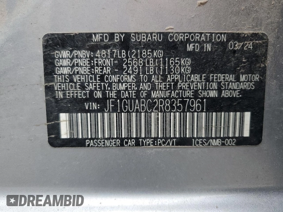 2024 Subaru Impreza with VIN JF1GUABC2R8357961, listed as a Copart auction lot 47258315 with 11,316 mi miles and Salvage Title. Bid and sale history available at carsss.com. Image 12.