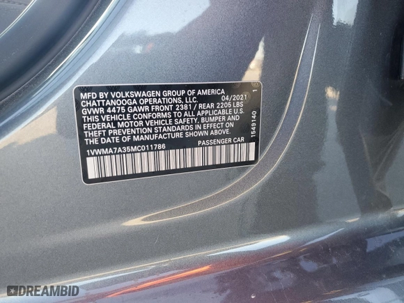 2021 Volkswagen Passat 2.0T R-Line with VIN 1VWMA7A35MC011786, listed as a Copart auction lot 82254844 with 63,970 mi miles and Salvage Title. Bid and sale history available at carsss.com. Image 12.