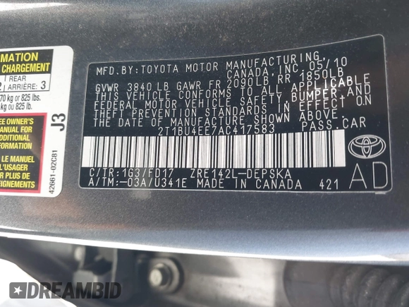 2010 Toyota Corolla with VIN 2T1BU4EE7AC417583, listed as a IAAI auction lot 42520112 with 139,795 mi miles and . Bid and sale history available at DreamBid. Image 9.