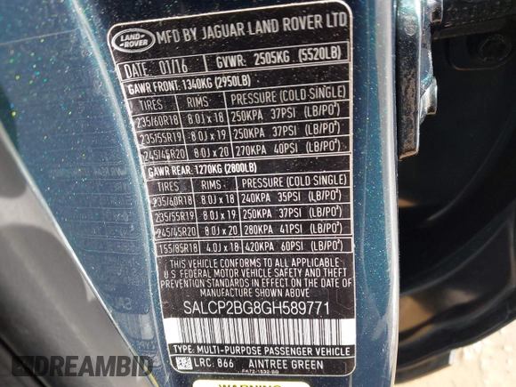 2016 Land Rover Discovery Sport SE with VIN SALCP2BG8GH589771, listed as a IAAI auction lot 41563269 with 79,593 mi miles. Bid and sale history available at carsss.com. Image 9.