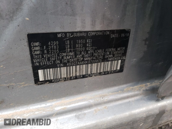 2019 Subaru Impreza z VIN 4S3GTAA64K3700975, wystawiony jako Copart lot #42962845 z przebiegiem 165 830 mil mil oraz Szkoda całkowita • Salvage title. Historia ofert i sprzedaży dostępna na DreamBid. Obrazek 15.